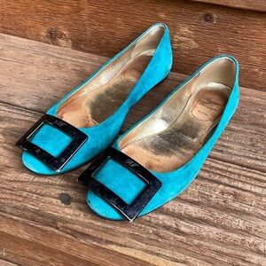 ROGER VIVIER | teal suede ballet flats with black buckle size 35.5 USA 5